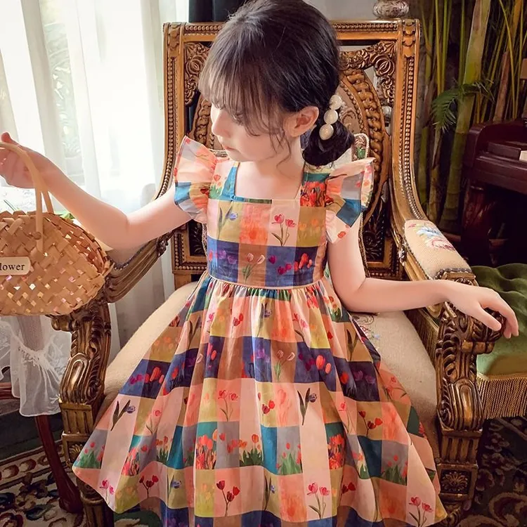 连衣裙儿童裙子女童公主洋气夏季女孩碎花夏天大童格子印花小女孩