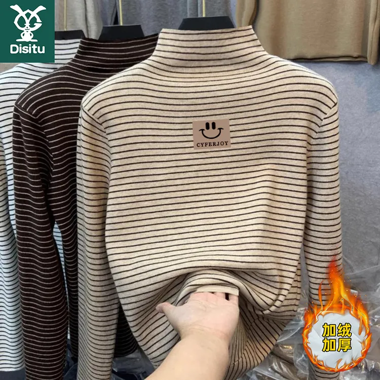 迪斯兔男女童德绒内搭打底衫秋冬中大儿童高领长袖加绒厚条纹上衣