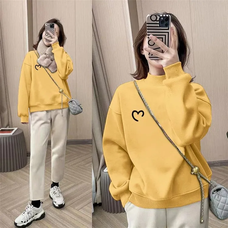 半高领套头打底衫保暖加绒加厚黄色卫衣女2025秋冬装新款宽松韩版