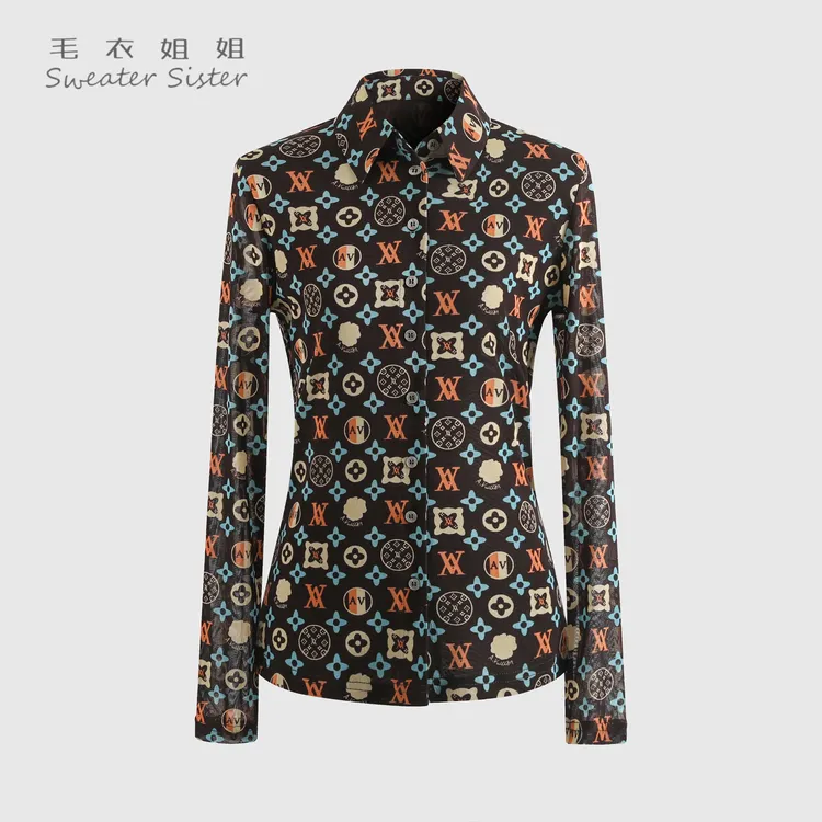时尚翻领印花网纱衬衫上衣女509-191