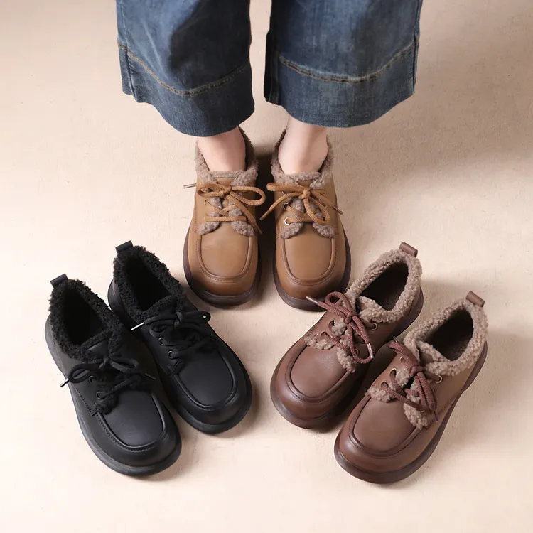 秋冬真皮软底女鞋平底加绒厚底百搭棉鞋舒适防滑不累脚时尚鞋子