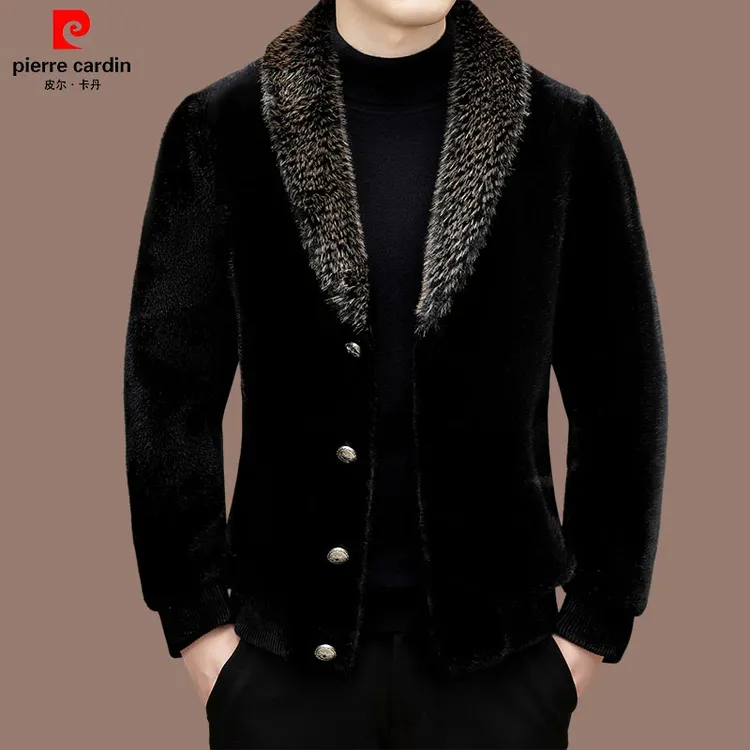 皮尔卡丹秋冬款高档休闲貂绒外套男冬季毛绒加厚保暖夹克外套男