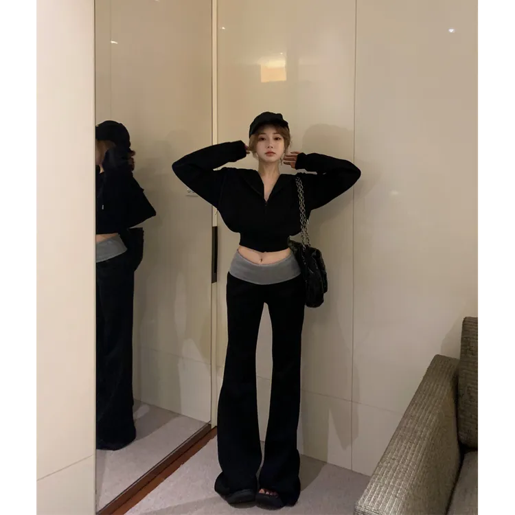 加绒加厚套装慵懒连帽长袖卫衣外套女秋冬外搭撞色微喇叭裤两件套