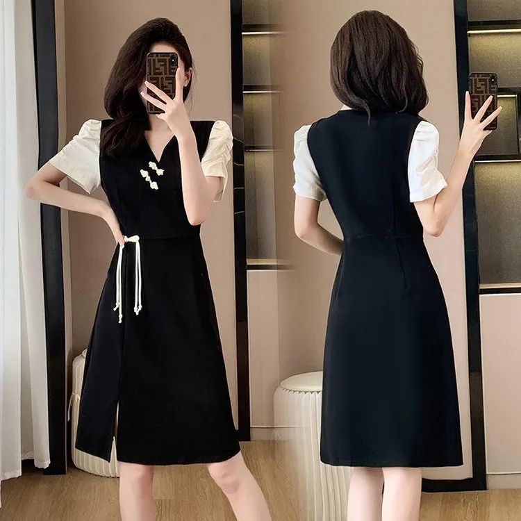 新中式国风连衣裙女2025夏季新款小个子遮肉收腰温柔气质小黑裙子