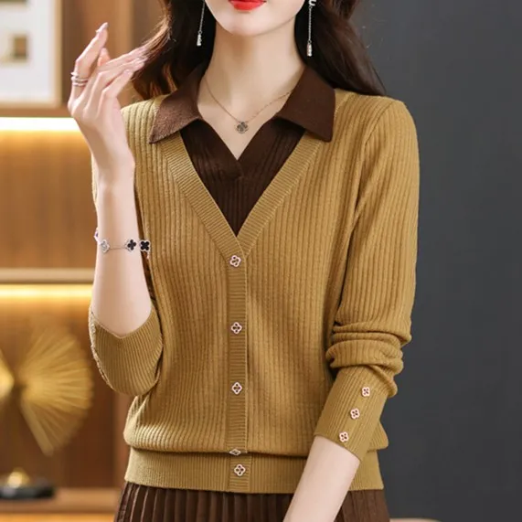 【绵羊毛】秋冬时尚打底长袖宽松秋冬翻领格子新款修身v领气质