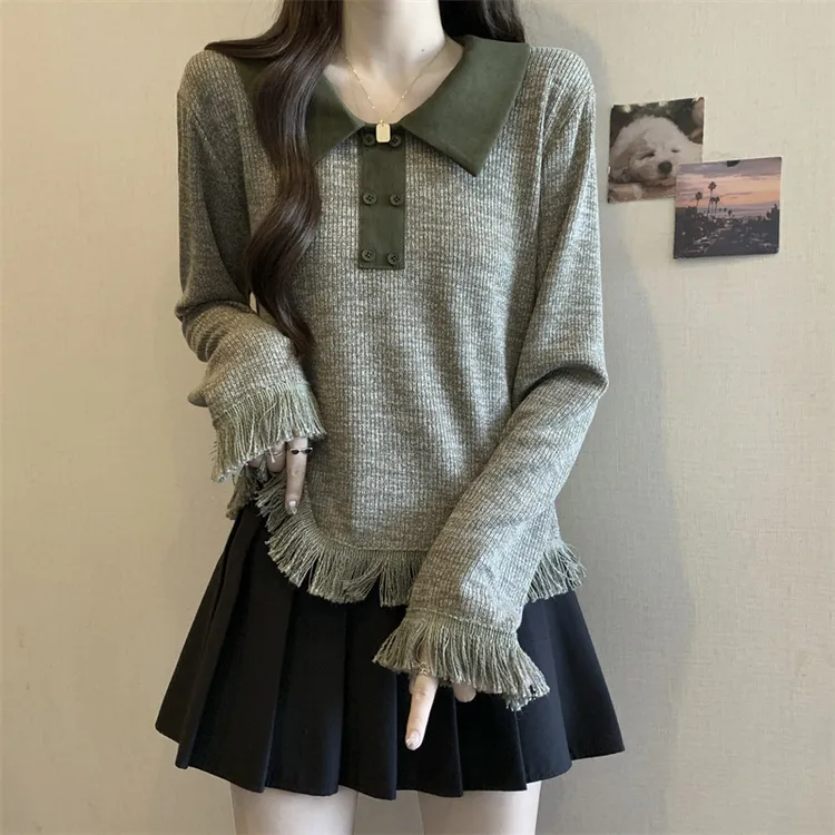 大码POLO领设计感流苏针织衫秋冬胖mm遮肉显瘦百搭短款小香风上衣
