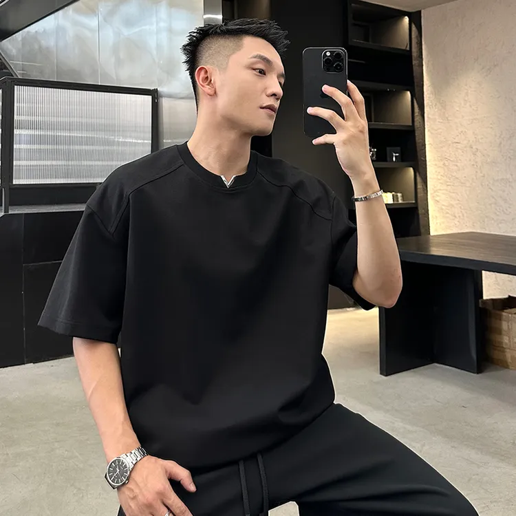 二十二号穿搭【显肩宽小V设计款】夏季男士短袖半袖T恤男高级感宽松