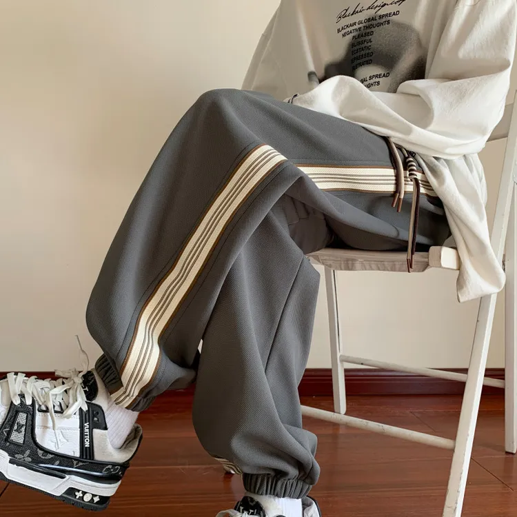 2023新款束脚休闲卫裤男春秋美式青少年条纹篮球裤痞帅阔腿长裤