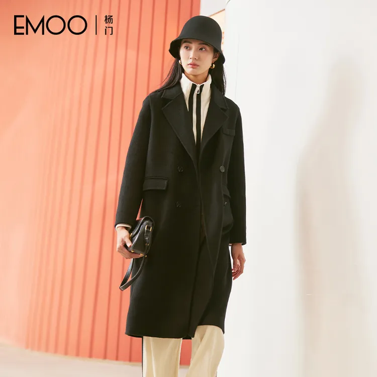 EMOO/杨门中长款毛呢大衣女黑色时尚 外套通勤风E43D037273