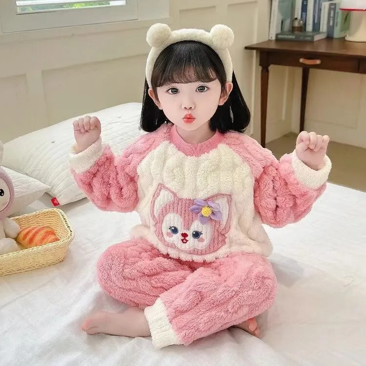 女童法兰绒睡衣秋冬季女孩可爱保暖家居服珊瑚套