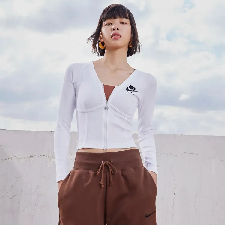 nike耐克女舒适短款休闲拉链紧身长袖T恤鱼骨上衣外套FD2377-100