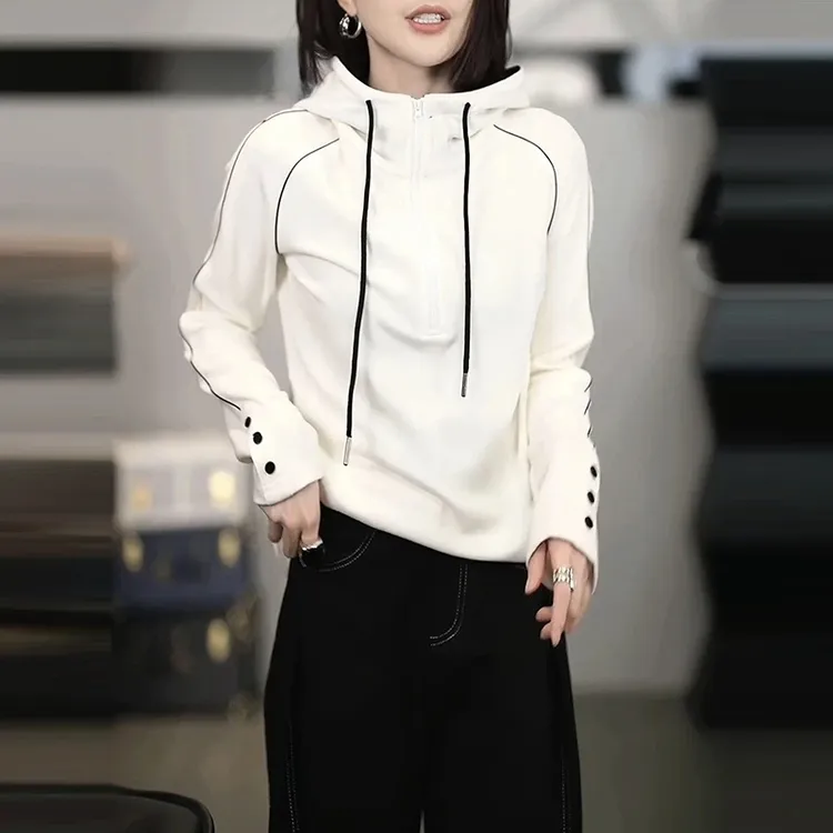 高级半拉链连帽卫衣女2026秋冬季新款时尚宽松显瘦打底长袖上衣潮