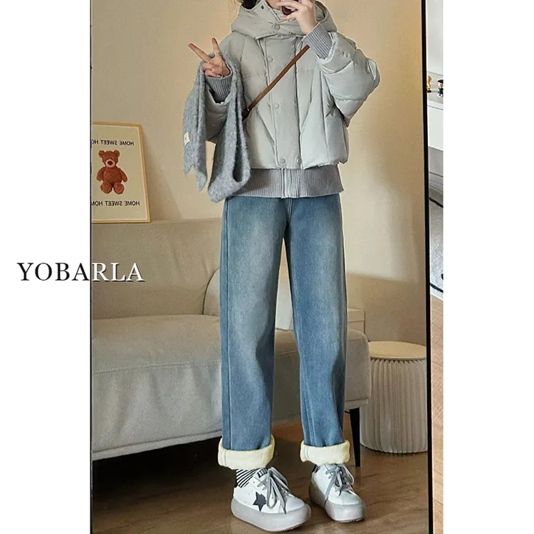 牛仔裤女高腰冬季加绒大码胖mm宽松显瘦窄版梨形身材阔腿裤子