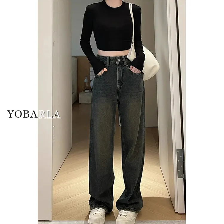 水泥灰阔腿牛仔裤女冬季加绒高腰宽松显瘦大码胖mm梨形身材直筒裤