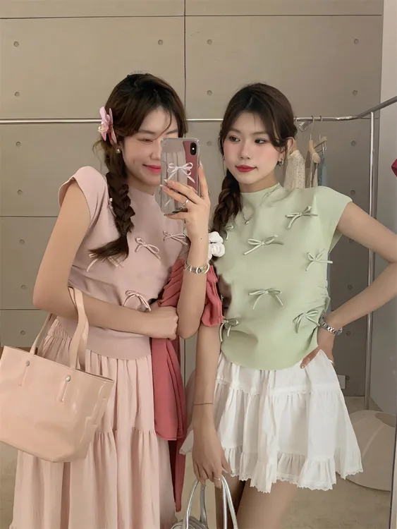 韩系温柔气质立体蝴蝶结半高领飞飞袖针织衫女夏百搭显瘦短袖T恤