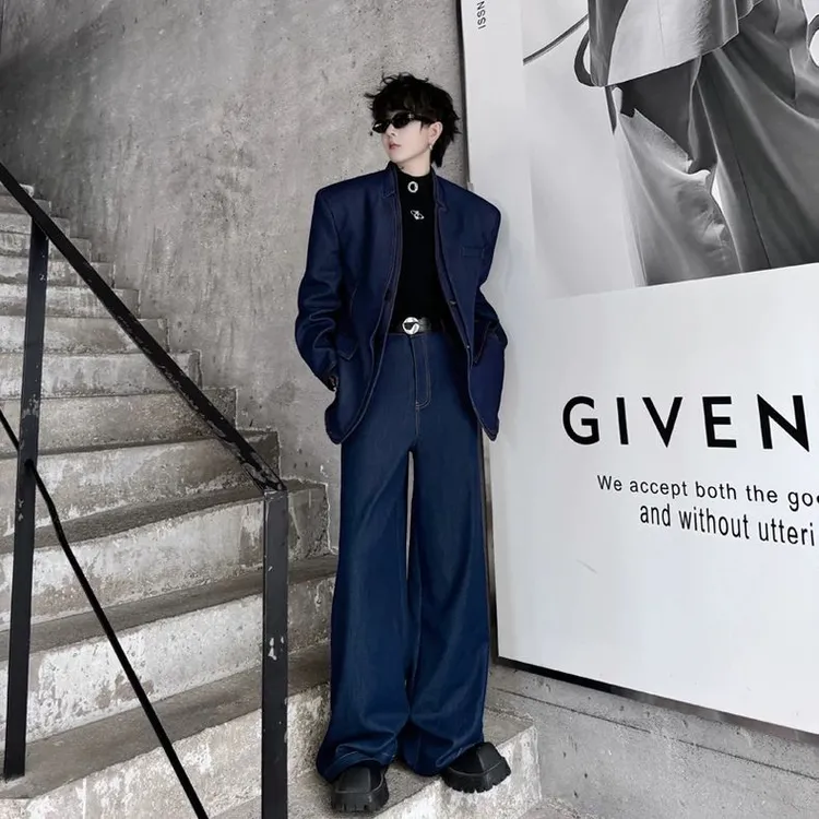 2024早秋小众设计师拼接双层门襟假两件牛仔西装阔腿裤两件套装男