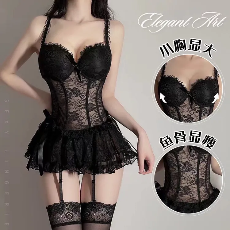 《唯美》80-145斤纯欲风性感蕾丝显瘦聚拢镂空吊带睡裙鱼骨塑形睡衣