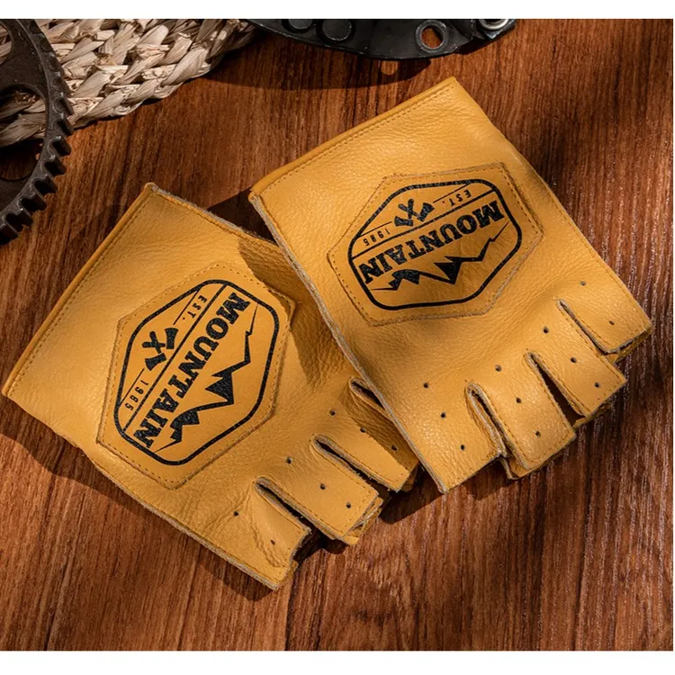 摩托车防滑复古机车牛皮半指男士骑行健身露指开车女复古真皮手套