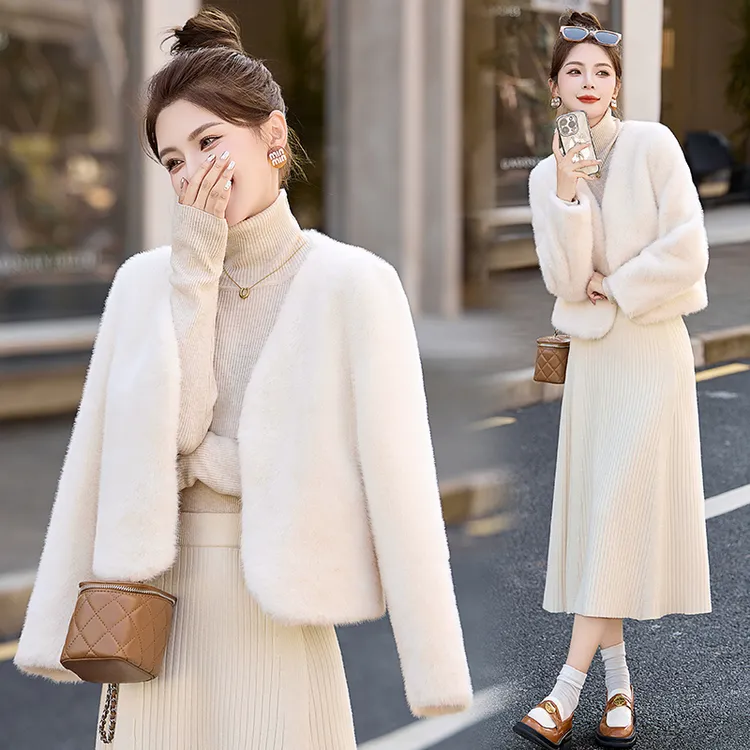 上档次女装高级感韩版气质洋气时髦短款皮毛一体毛毛外套秋冬新款