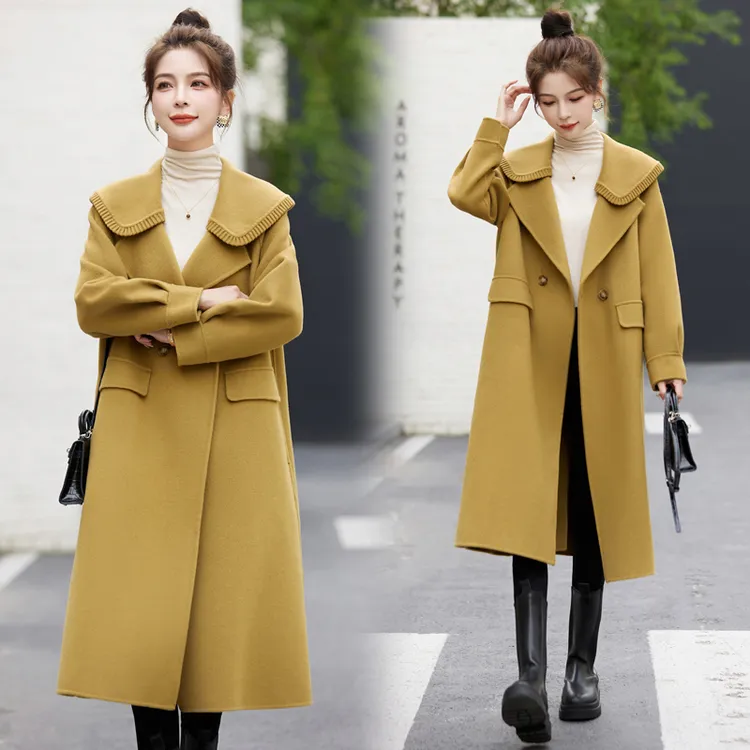 高端女装秋冬新款韩版气质宽松娃娃领甜美减龄双面羊毛呢外套大衣