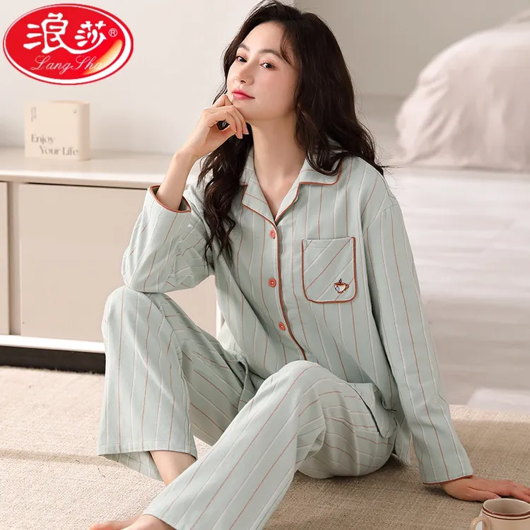 浪莎睡衣女士春秋款冬季长袖纯棉加大码100%全棉家居服套装可外穿