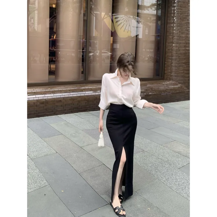 简约法式计感中袖衬衫性感高腰开叉法式显瘦半身裙穿搭套装2025年