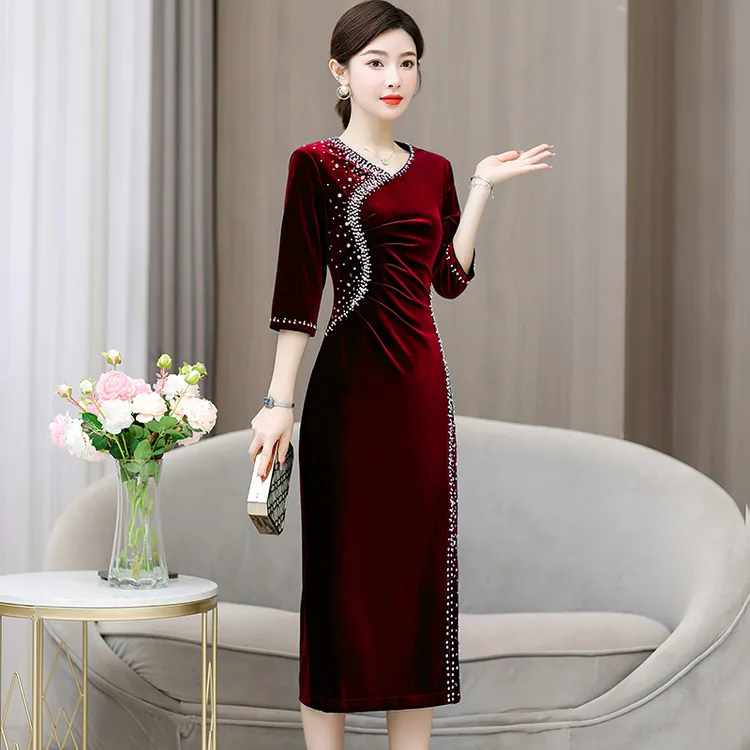 喜婆婆婚宴装金丝绒春秋洋气礼服服装丈母娘敬酒服宴会连衣裙