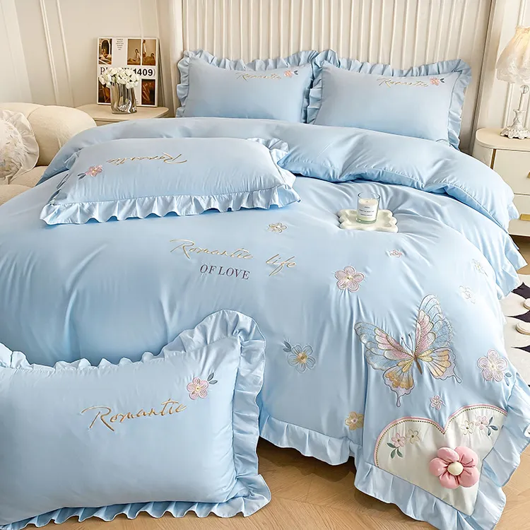 轻奢简约公主风水洗棉刺绣床上用品四件套韩版花边床单人被套床品