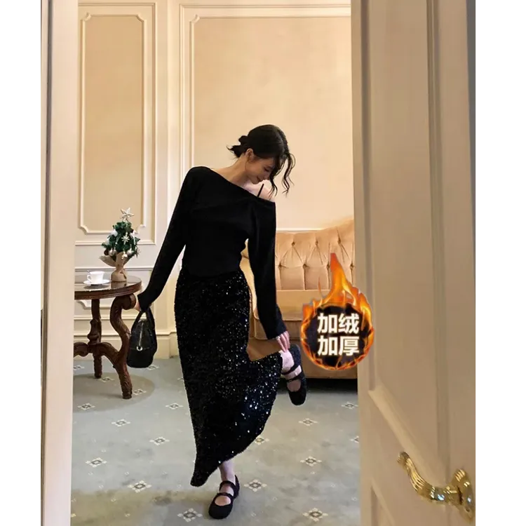 【加绒厚款】名媛气质高级感丝绒亮片鱼尾中长款半身裙2025新款裙子