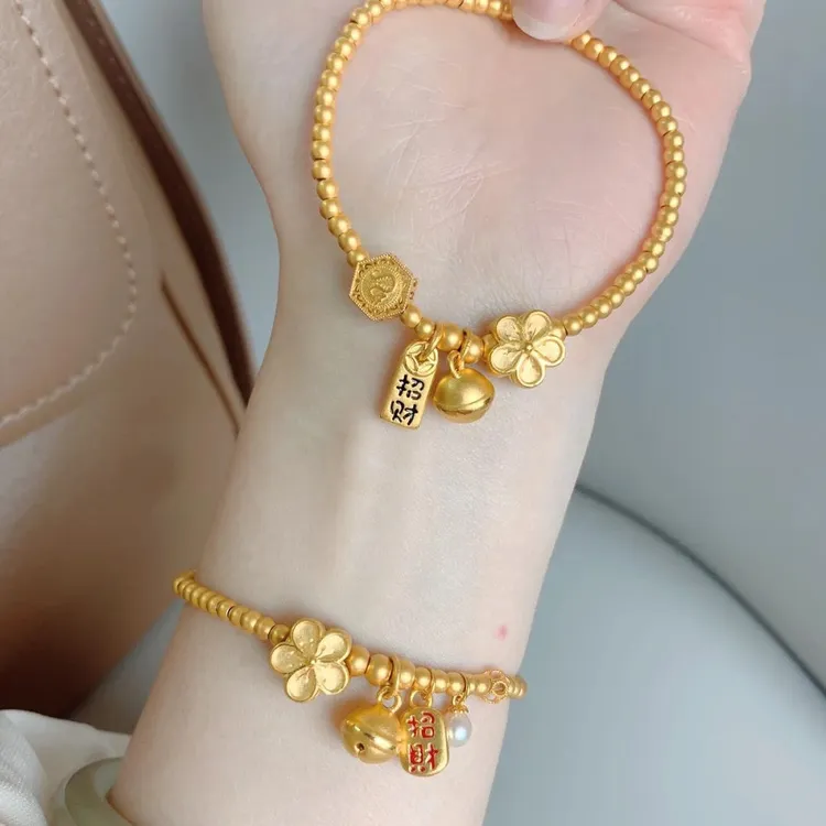 铜合金手链 百搭复古金色桃花铃铛手链好寓意首饰时尚轻奢饰品