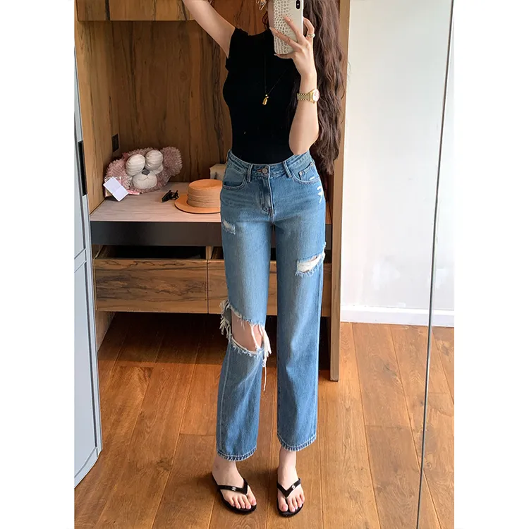 窄版破洞直筒牛仔裤女2025冬季新款高腰百搭修身显瘦直筒九分裤