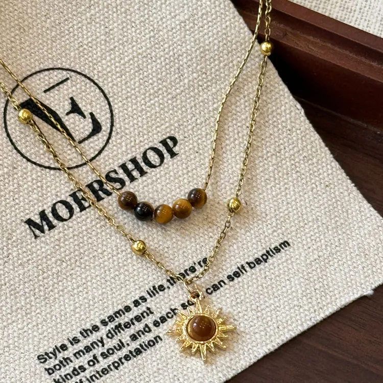 铜合金项链 复古金色太阳花项链