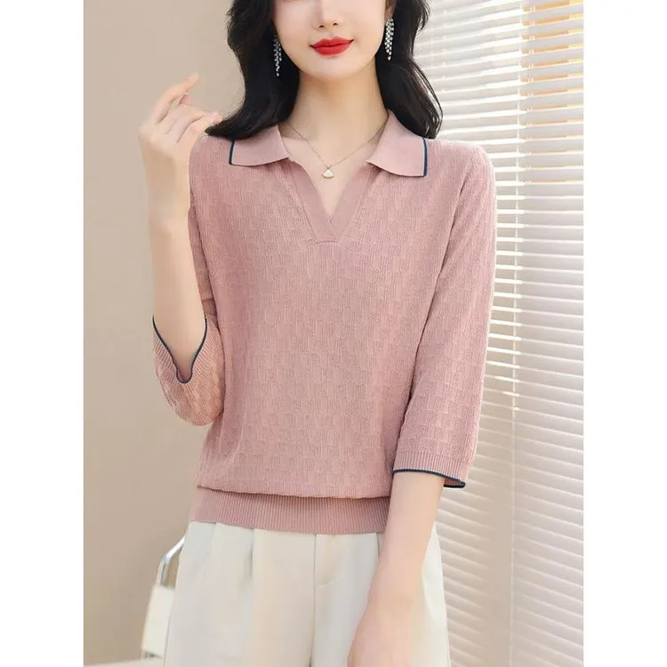 新款翻领polo领上衣冰丝七分袖针织衫妈妈打底衫中老年女装宽松