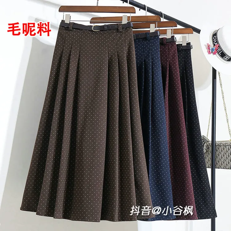 秋冬复古波点加厚毛呢百褶半身裙女2025新款高腰显瘦裙子长裙冬裙