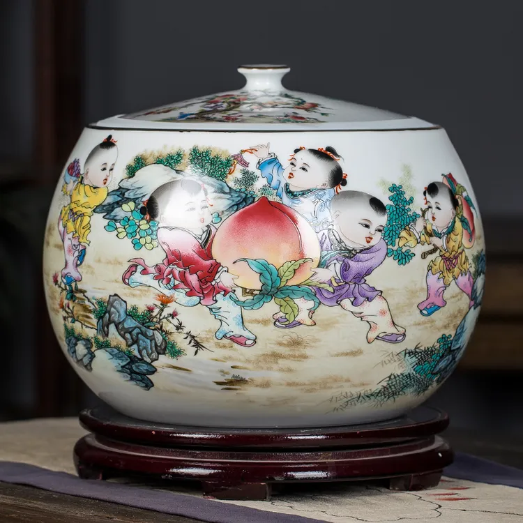 新中式陶瓷器五子登科茶叶罐大号家用客厅茶室茶桌存茶饼罐储物罐