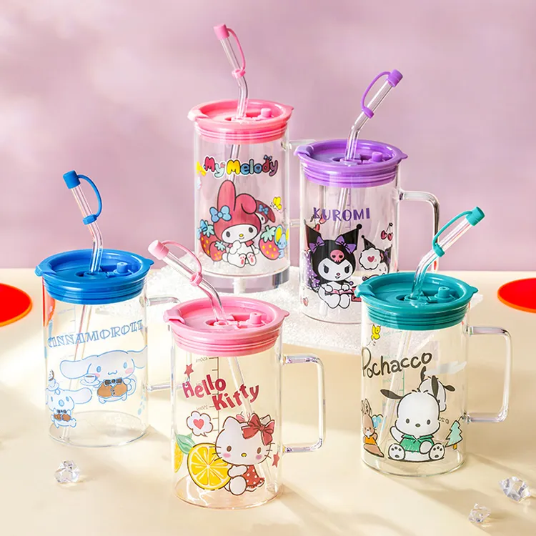 Hellokitty吸管玻璃杯女生刻度水杯一人一色杯子库洛米冷饮奶茶杯