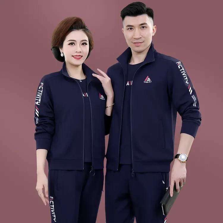 高档中老年爸妈情侣装春秋季休闲运动服套装男女中年爸爸装三件套