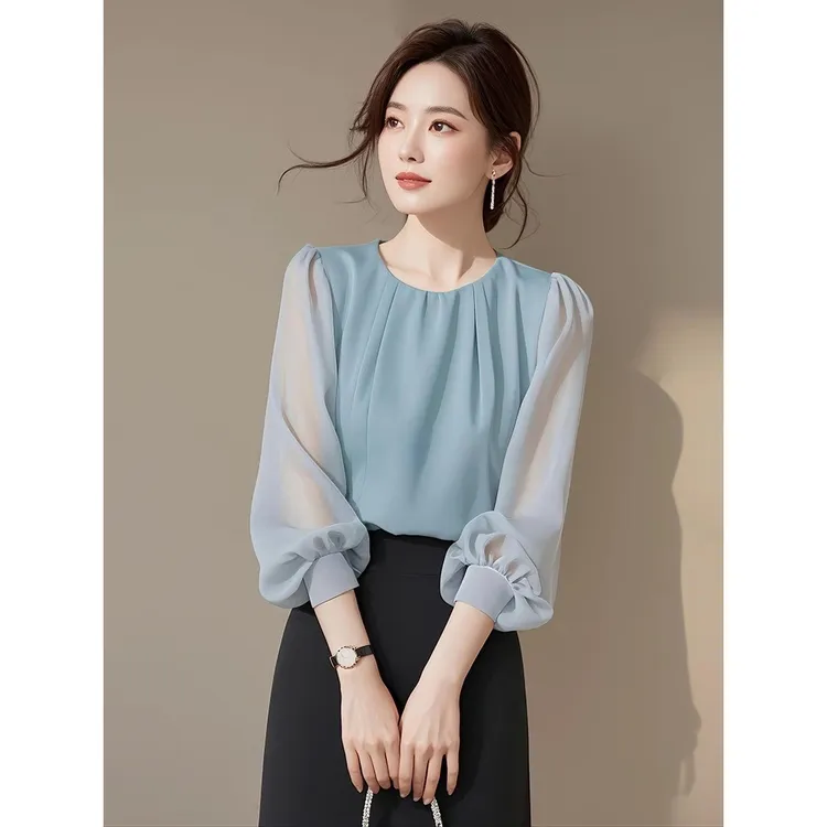 早秋上衣法式高级感超好看气质设计感雪纺蓝色七分袖衬衫女装夏季