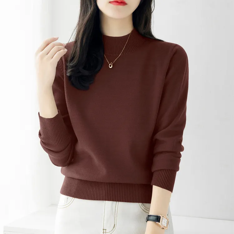深棕色长袖针织衫女秋冬新款宽松厚款内搭打底上衣气质半高领毛衣