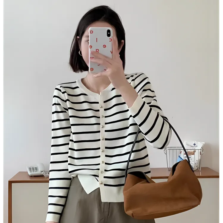 A07法式经典条纹小香风2025秋季新款针织开衫外搭上衣长袖外搭