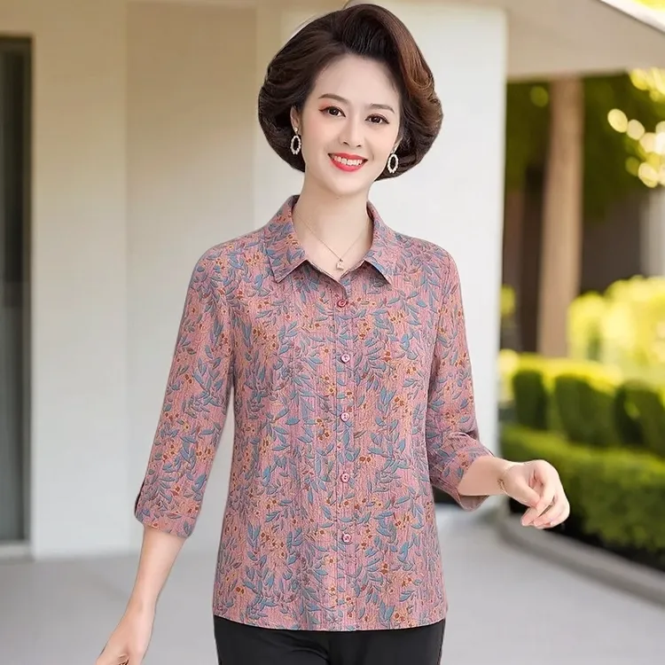 阔太太妈妈夏装七分袖衬衫中老年人女装老人衣服显瘦轻薄衬衣太太