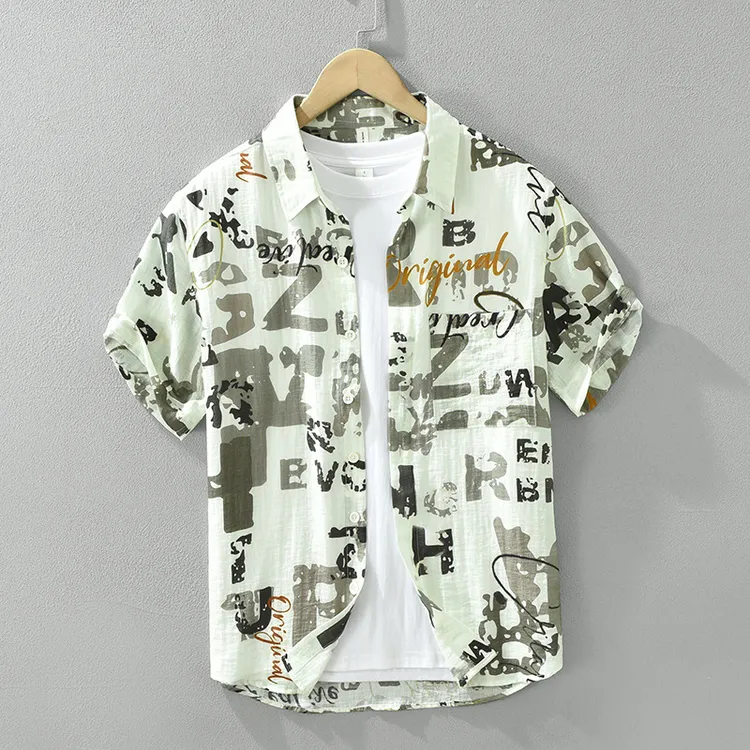 日系男士麻料印花短袖衬衫时尚百搭休闲文艺亚麻上衣8132