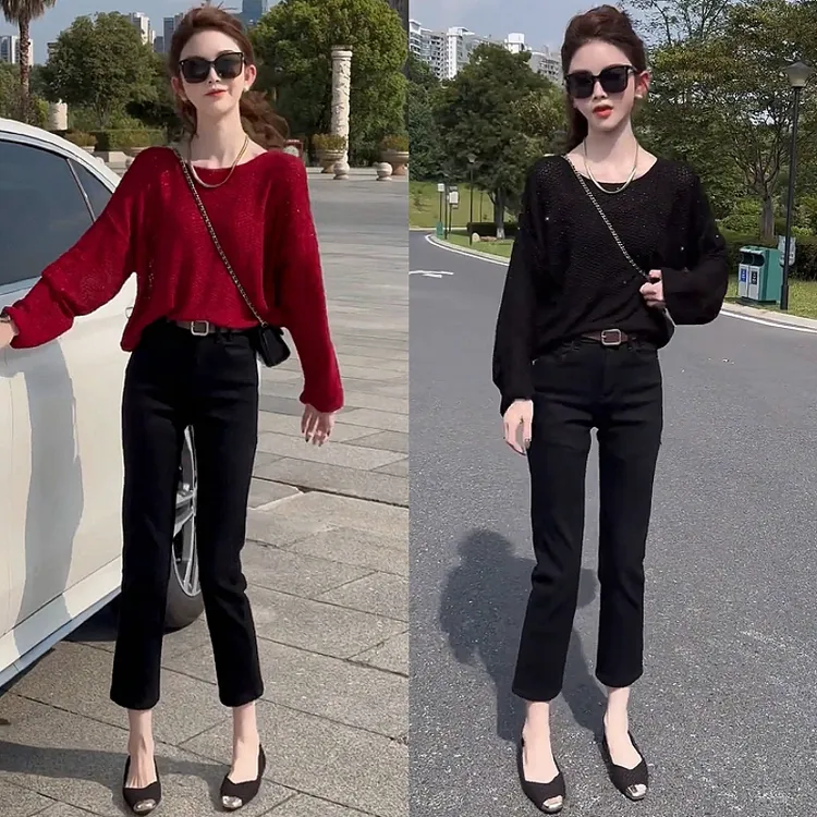 休闲时尚显瘦韩版百搭针织毛衣配牛仔小脚裤套装小个子女秋冬新款