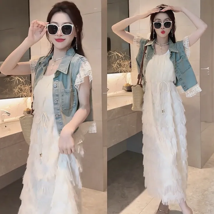 连衣裙裙子套装显瘦气质时尚早秋韩版女装牛仔网红吊带裙复古春夏