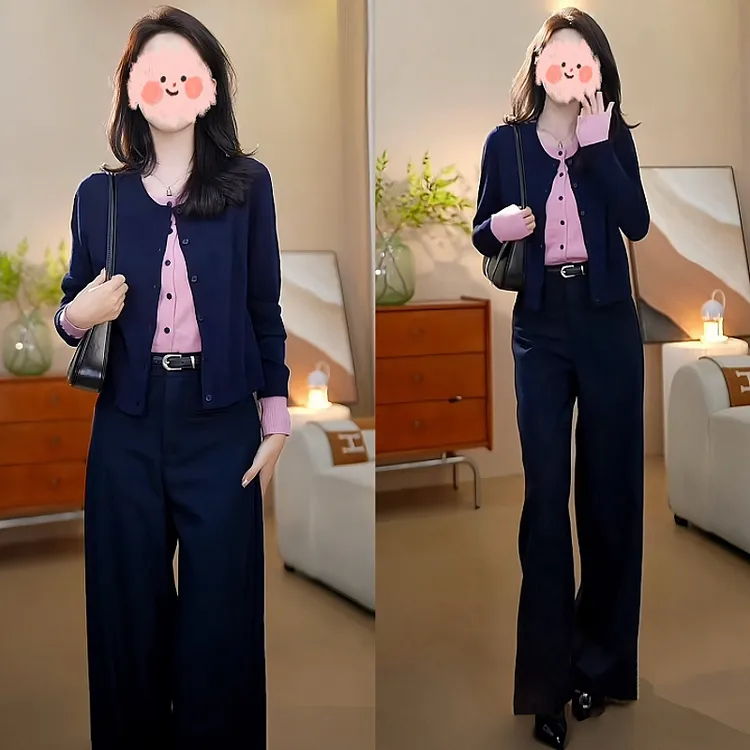 时尚洋气设计感假两件针织衫+休闲裤两件套2025秋季新款套装韩版