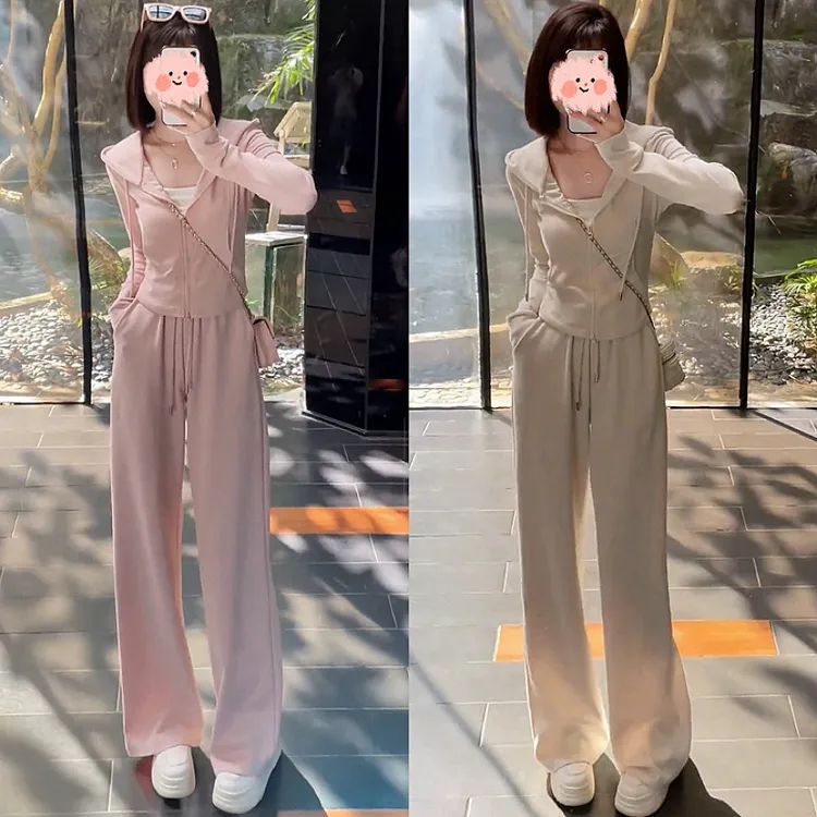 2025秋冬新款连帽拉链卫衣+阔腿裤两件套时尚洋气减龄运动套装女