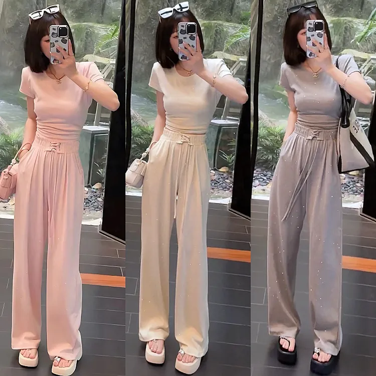 套装上衣阔腿裤气质时尚休闲夏季短袖女装西装显瘦洋气高腰短款