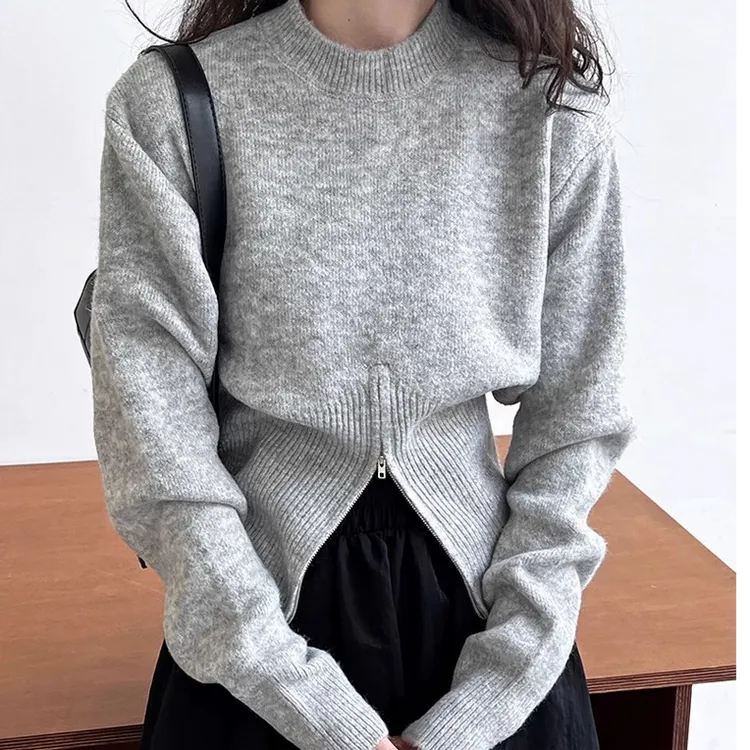 灰色收腰毛衣女冬高级感设计感小个子显瘦内搭打底衫短款针织上衣