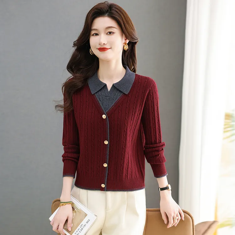 翻领套头针织衫上衣女2024秋冬新款洋气减龄时尚百搭提花打底毛衣