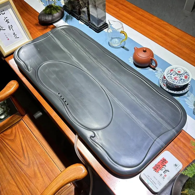 家用纯天然整板整块乌金石黄庭玉石茶盘吉祥如意款茶盘立体浮雕